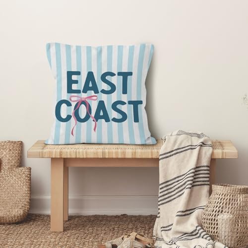 Blue East Coast Beach Throw Pillow Cover 18x18, Pink Bow Preppy Beach Decorative Pillow Covers for Girls Room Dorm Apartment, Coastal Beachy Striped Accent Pillows Cover Pillowcases