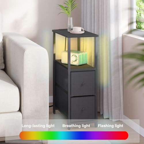 TUTOTAK Narrow LED End Table with Charging Station, Skinny Side Table