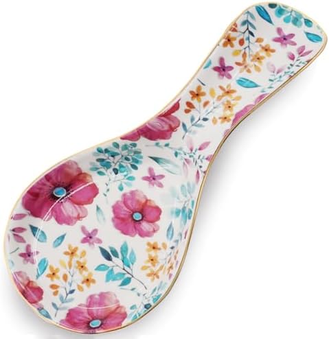 Ceramic Spoon Rest for Stove Top Kitchen Counter Large Spoon Holder Farmhouse Floral Flowers Print Coffee Spoon Cooking Utensil Tools Rest Modern Kitchen Decor