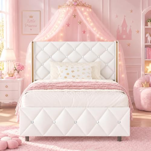 HOMBCK Twin Size Bed Frame with Leather Headboard, Goldside Wingback, White