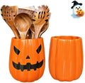 Large Ceramic Kitchen Utensil Holder for Kitchen Counter & Countertop Cooking Utensil Holder Spatula Holder Utensil Crock for Counter Halloween Kitchen Deco and Accessories (Pumpkin with Pattern)