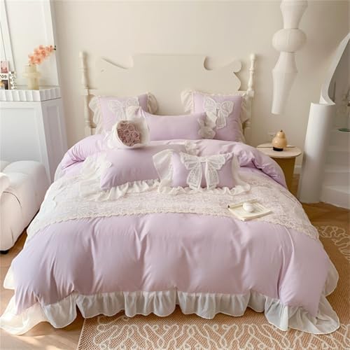 Duvet Cover Queen Size,Chic Lace 3 Pieces Comforter Cover with Bowknot Bow Tie (1 Duvet Cover 90x90 Inch, 2 Pillowcases) Soft Washed Microfiber Ruffled Bedding Set,Aesthetic bedding-Purple,Queen Size
