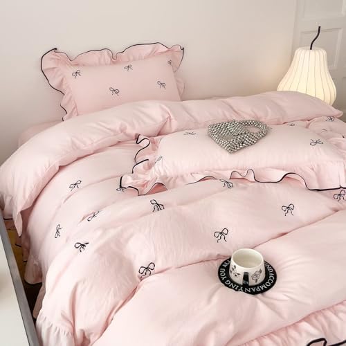 Cute Pink Duvet Cover Set Queen Size 3 Pcs with Bow,1 Duvet Cover with 2 Pillowcases,Washed Coquette Queen Bedding Set for Teen Girls,Zipper Ruffles Quilt Covers 90"×90"