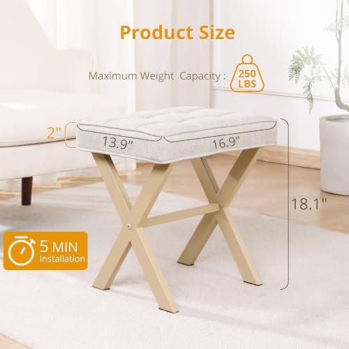 LUE BONA Square Linen Makeup Stool, Metal X Legs, Small Ottoman Stool Chair for Vanity, Modern Padded Seat Foot Rest for Makeup Room, Bathroom