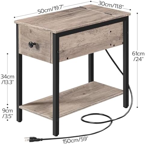 HOOBRO End Tables Living Room, Narrow Side Table with Charging Station, 3-Tier Small Bedside Table with Drawer, Storage Shelves, for Small Spaces, Bedroom, Greige and Black BG041BZ01G1