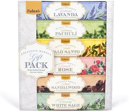 Tulasi Herbal Masala Incense Sticks Assorted/Variety Pack – 120 Hand Rolled Sticks, 6 Natural Scents | Sandalwood, Lavender, Patchouli, Palo Santo, White Sage | Aromatherapy