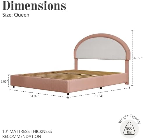 REVOMINCA Upholstered Platform Bed Frame, Boucle Queen Bed Frame with Headboard, White Bed Frame, Soft Rounded Corners, No Box Spring Required, Easy Assembly, Dusty Rose&White