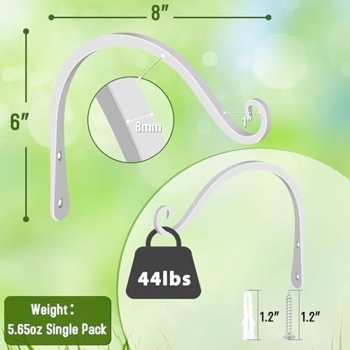 FEED GARDEN Heavy Duty Plant Hooks - 2 Pack 8 Inch Wall Mounted Hanging Brackets, 44lb Capacity Steel Plant Hangers for Bird Feeders, Baskets, Wind Chimes Outdoor Indoor- White