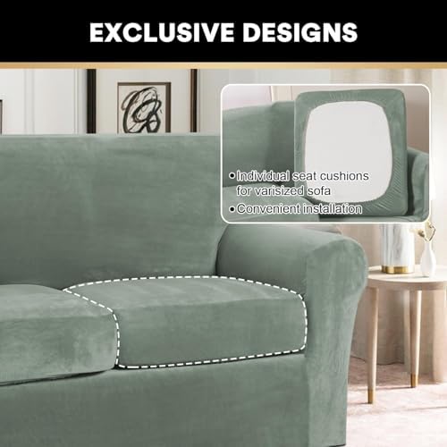 PrinceDeco Velvet Couch Covers for Sofa Soft 4 Pieces Couch Covers for 3 Cushion Couch Sofa Pet Friendly Furniture Protector with Non Slip Elastic Bottom Width Up to 97 Inch (Large Sofas, Sea Grass)