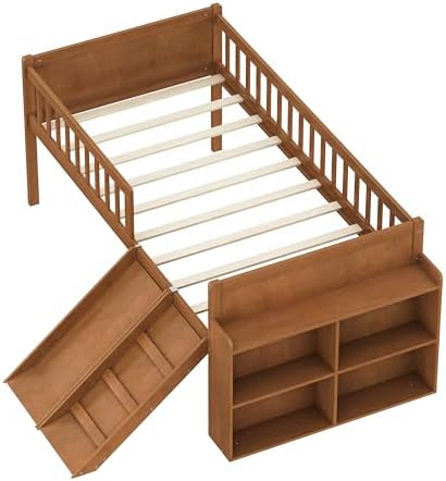 SOFTSEA Twin Size Low Loft Bed with Slide and Guardrails, Wood Loft Bed Frame with Storage Shelves for Kids, Natural