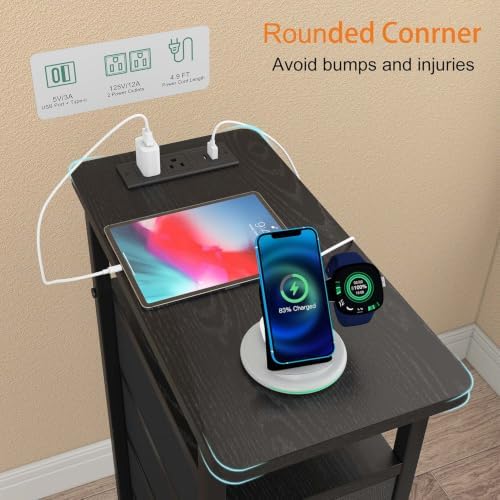 sthmec Side Table with Charging Station, Narrow End Table with 4 Drawers, LED Nightstands with Fabric Drawers,Slim Sofa Couch Side Tables for Small Spaces,Living Room,Bedroom, Black