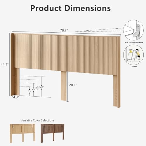 FORTUNETEC 78.7" King Size Wooden Headboard, Fluted Panel Headboard, Oak