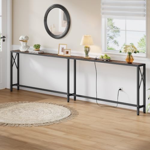 Gewudraw 102" Sofa Table Behind Couch & Socket-Narrow Console Table, Brown