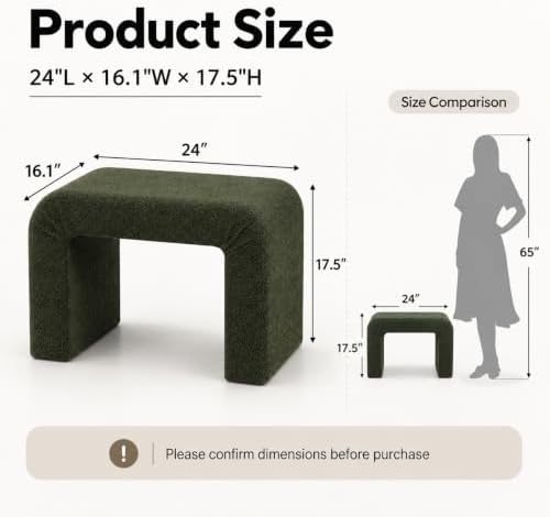 Modern Boucle Ottoman Footstool, 24" Arched Accent Stool with Soft Upholstered Seat, Small Vanity Stool Chair for Bedroom, Living Room, Entryway, Fully Assembled, Dark Green