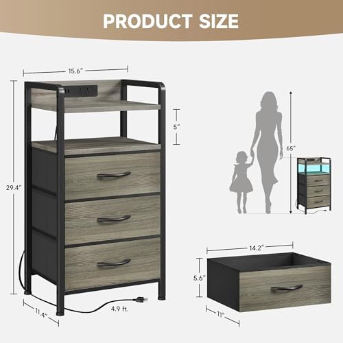 Lazzanto Nightstand with Rear Charging Station, LED Light, 3 Drawers, Grey