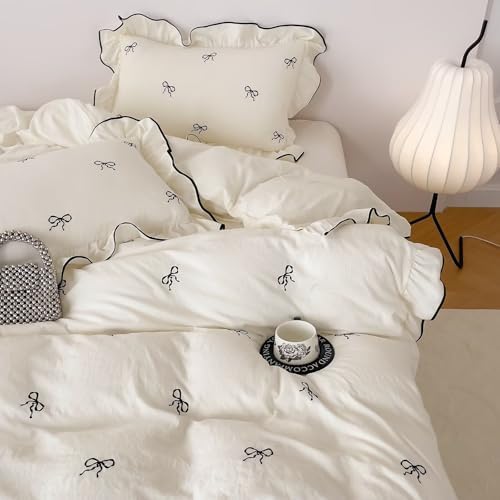 3-Piece Duvet Cover Set Brushed Washed for Softness,1 Duvet Cover and 2 Pillowcases,Black Bow Ruffles Bedding Set for All Seasons,Cute Comforter Covers with Ties Twin Size 80"×90”