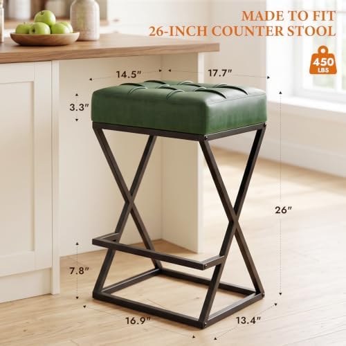 Bar Stools Set of 2, 26 Inch Counter Height Stool Faux Leather Green