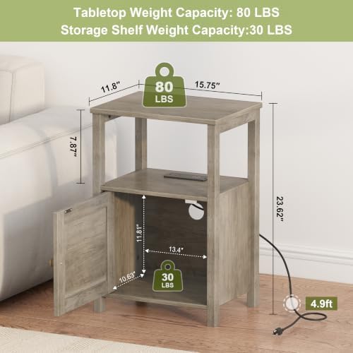 Farmhouse End Table Charging Station Barn Door & Storage Shelf Grey