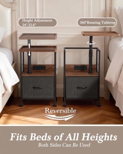 Faesun Night Stand with Charging Station & Swivel Tray Top, Walnut Gray