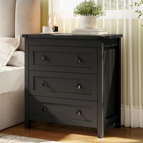 Farmhouse Nightstand with 3 Drawers, Wood Bedside Table, Black