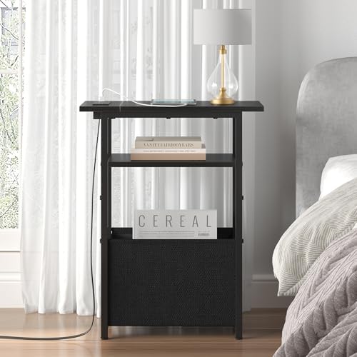 sthmec Narrow Side Table with Charging Station, Small End Table for Small Spaces, Skinny Nightstands with Storage Basket, 3 Tier Sofa Couch Bedside Tables for Living Room,Bedroom, Black