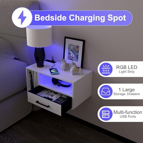 Homaterial Floating Nightstand with Charging Station & Lights, White