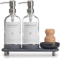 [Luxury] Kitchen Soap Dispenser Set - 16OZ Clear Glass Bottle, Stainless Steel Pump, Instant Dry Tray, Waterproof Labels, Non-Slip Silicone Pad, and Dish Brush | Upgrade for Your Kitchen and Bathroom