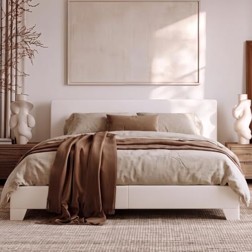 Allewie King Size Upholstered Bed Frame Adjustable Headboard, White