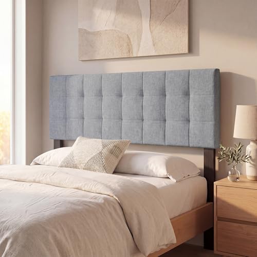 GIANTEX Linen Upholstered Headboard, Queen/Full Size Grid Quilted Fabric Head Board with Wood Support Legs, Attach Frame, Width Adjustable Modern Bed Headboard Only (Gray)