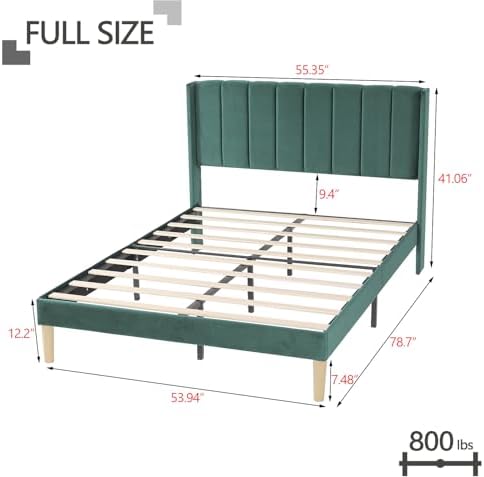 Full Size Bed Frame with Velvet Upholstered Headboard, Green