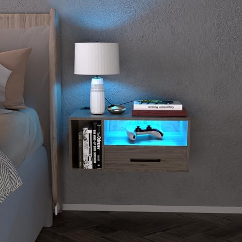 Homaterial Floating Nightstand with Lights, Grayish Brown