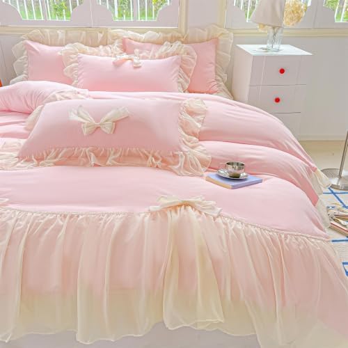 SOUKECHY Girls Lace Bedding,Pink King Comforter Cover Set, Chic Ruffled Duvet Cover with Lovely Bow,Princess Style 1 Duvet Cover with 2 Pillowcases, No Comforter-Pink,King Size