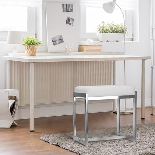 Vanity Stool Chair, Modern PU Leather Ottoman Foot Rest White&Silver
