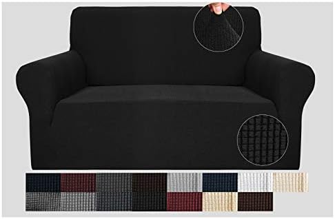 JIVINER High Stretch 1-Piece Jacquard Small Checks Couch Covers for 2 Cushion Couch Anti Slip Love Seat Sofa Covers Loveseat Slipcovers Protector for Kids Pets (Loveseat, Black)