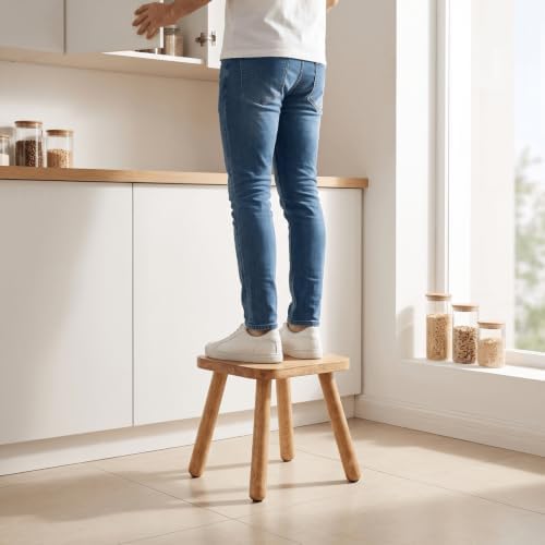 Youeon 12 Inch Square Solid Wooden Step Stool, Non-Slip One Step Stool for Adults, Holds up to 300 Lbs, Portable & Sturdy, Footstool for Bedroom, Bathroom, Kitchen, Easy to Assemble