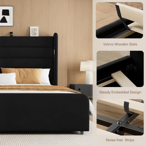 King Size Bed Frame with 59'' Tall Headboard with Readlight, Black