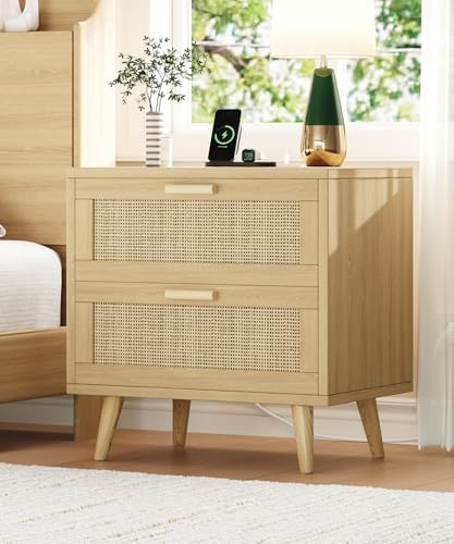 Keehusux 23.6" W Rattan Nightstand with Charging Station and 2 Drawers