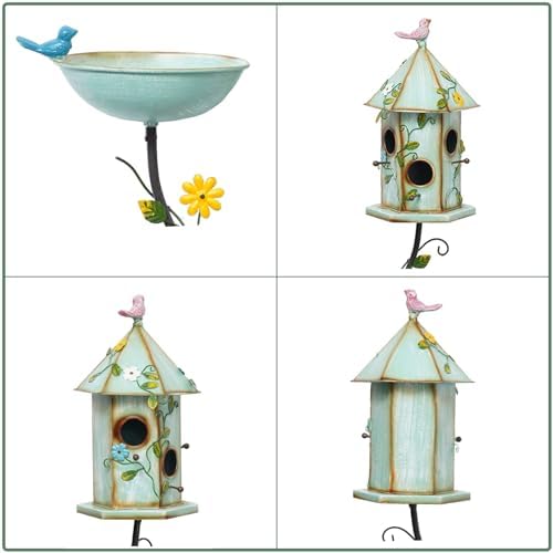 Bird Baths and Bird House with Pole,birdhouses for Outdoors，Metal Bird Bath