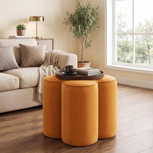 Orange Velvet Ottoman, Small Vanity Stool, Modern Ottoman Stool
