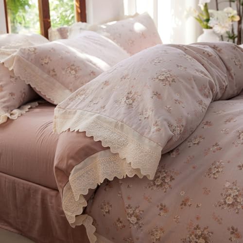 HighBuy Vintage Floral Duvet Cover Twin XL Ruffle Lace Design,Premium Muslin Cotton Coquette Floral Comforter Cover Set for College,Farmhouse Gauze Bedding Set with 2 Pillowcases
