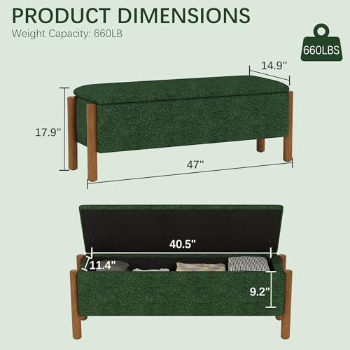 Modern Storage Benches with Walnut Wood Legs, 47'' Ottoman Bench with 20 Gallons Storage Space for Bedroom End of Bed, Fabric Upholstered Entryway Bench with Seating for Livingroom, Green