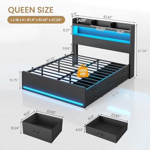 DICTAC Queen Bed Frame with Storage Headboard & 5 Drawers, LED Bed Frame Queen Size with Charging Station, Wooden Platform Storage Bed with Heavy-Duty Metal Support, No Box Spring Required, Noise-Free