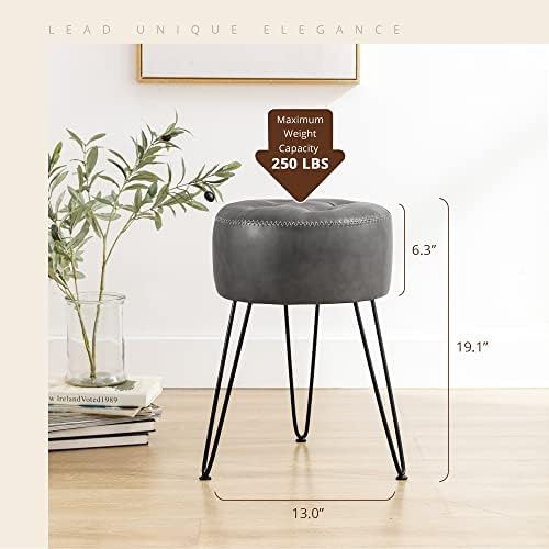 LUE BONA Faux Leather Vanity Stool Chair for Makeup Room, Grey Stool for Vanity, 19” Height, Tufted Small Vanity Chair with Metal Legs, for Bedroom, Living Room