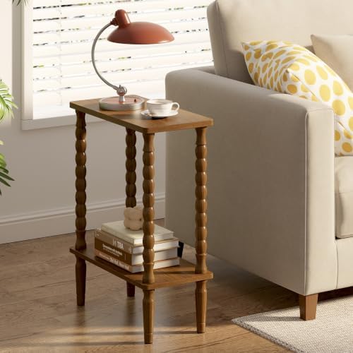 TUTOTAK Narrow Side Table with Solid Wood Legs, 2-Tier Small End Table