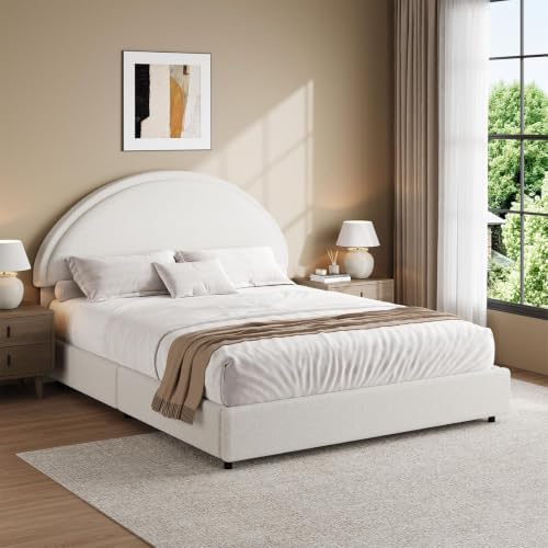 REVOMINCA Full Size Bed Frame with Round Headboard, Upholstered Platform Bed Frame, Boucle Soft Bed Frame, Modern Style, No Box Spring Required, Easy Assembly, White