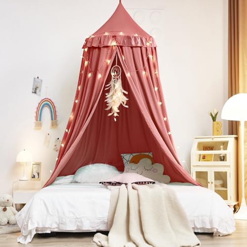 Kertnic Decor Princess Canopy for Girls Bed, Soft Smooth Playing Tent Canopy Room Decoration Castle, Dreamy Mosquito Net Bedding, Reading Nook Canopies in Home (Red Bean Color)