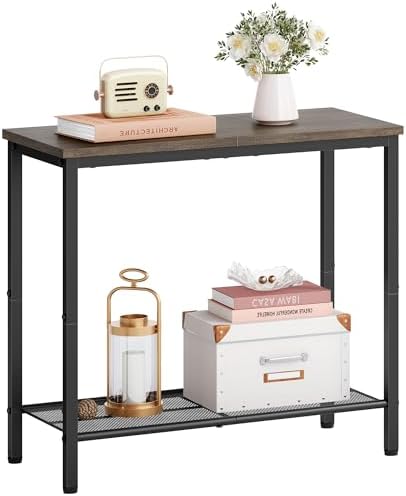 Hoctieon 2 Tier End Table, Sofa Side Table, Narrow Side Table with Storage, Slim Nightstand for Small Spaces, Metal Frame, for Living Room, Bedroom, Sofa Couch, Hall, Grey
