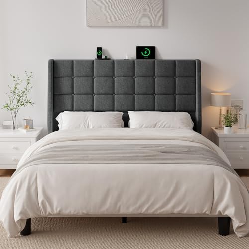ONBRILL Ergonomic Headboard Queen Size with Charging Station, Dark Grey