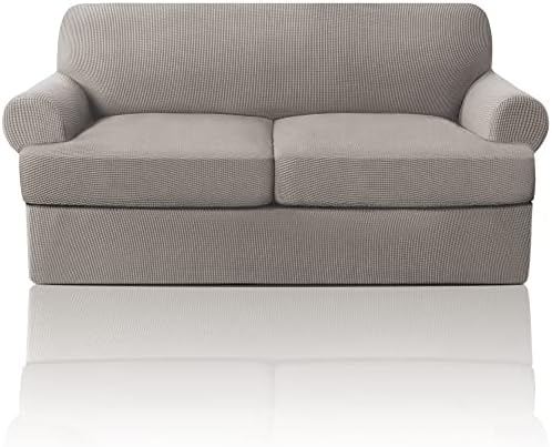 PrinceDeco T Cushion Loveseat Slipcover 3 Pieces Sofa Covers for T Cushion Sofa Stretch Slip Covers for 2 Cushion Couch with 2 Individual T Shape Seat Covers Width Up to 76" -Washable, Taupe