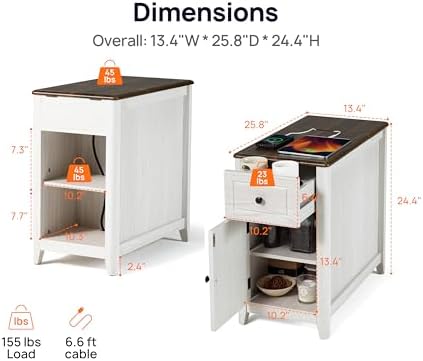 End Table with Charging Station, Side Table with Storage&Deep Drawer, White